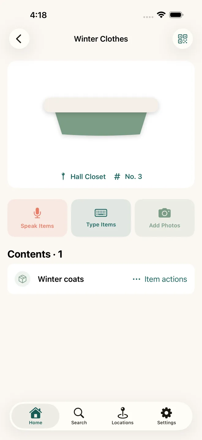 A ToteTally container screen showing Winter Clothes in Hall Closet with a QR label action