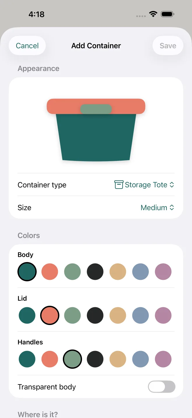 ToteTally container customization with tote type, size, and color choices